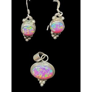 Native American made Pink Fire Opal and Sterling Silver Pendant and Earrings